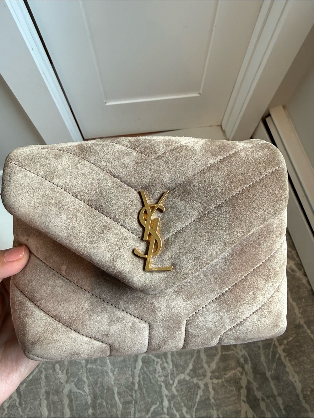 Yves Saint Laurent Suede Chevron Crossbody in Taupe with Gold Hardware